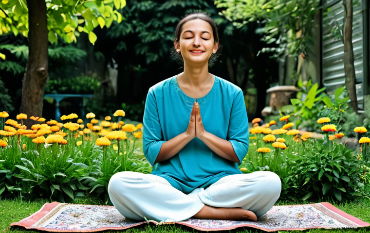 Inner Harmony & Acceptance**

"A serene woman in comfortable, modest clothing sits in a peaceful garden in Istanbul, Turkey. She is meditating, eyes closed, with a gentle smile. Lush greenery and colorful flowers surround her. Focus on tranquility and acceptance. Perfect anatomy, correct proportions, natural pose, well-formed hands, proper finger count, natural body proportions, professional quality, fully clothed, appropriate content, safe for work, professional, family-friendly."

**