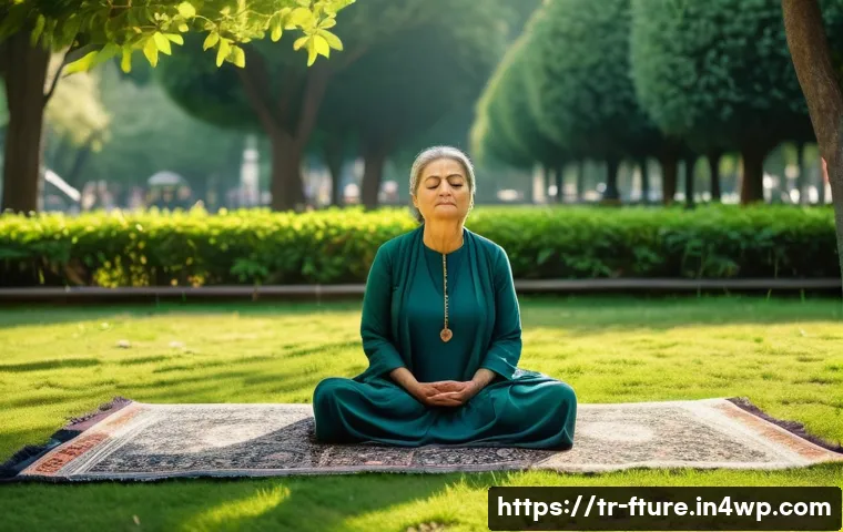 심리적 안정감을 위한 감정 조절 기술 - A serene early morning scene in a peaceful Istanbul park, featuring a middle-aged Turkish woman sitt...