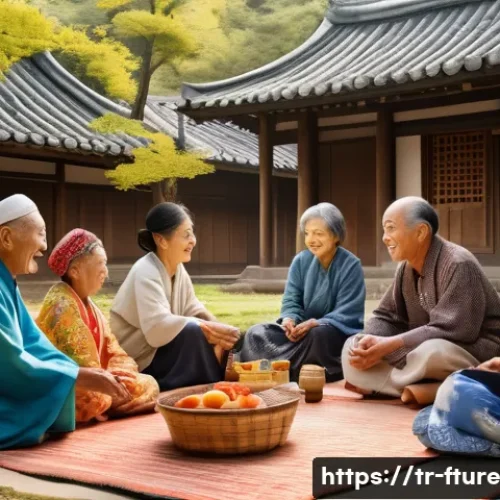 미래 불확실성에 대한 문화적 차이 - A vibrant scene depicting a collectivist culture, such as Turkey or Japan, focusing on a close-knit ...
