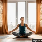 스트레스 관리와 미래 불확실성 - A serene morning scene in a modern Turkish apartment, featuring a young adult woman practicing gentl...