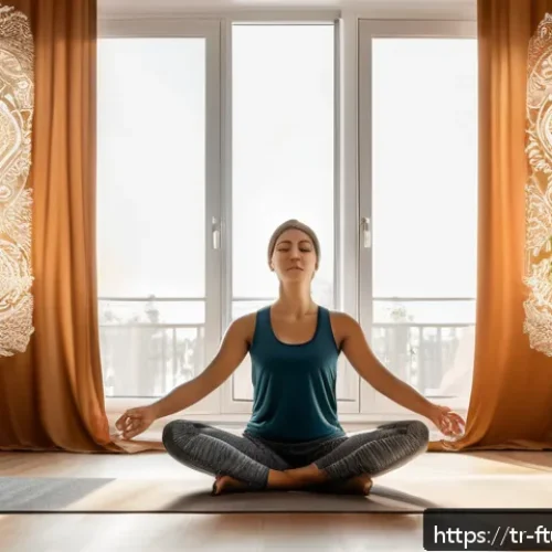 스트레스 관리와 미래 불확실성 - A serene morning scene in a modern Turkish apartment, featuring a young adult woman practicing gentl...