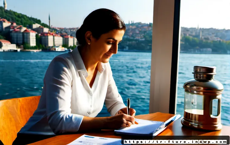 Home 17 미래 불확실성을 극복하는 행동 지침 - Photorealistic scene of a Turkish middle-aged woman at a tidy sunlit home office in Istanbul, calmly...