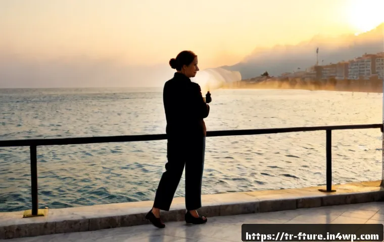 Home 17 불확실성을 수용하는 마음가짐 - Photorealistic Turkish woman in her early 50s standing calmly on a coastal promenade in Izmir at sun...