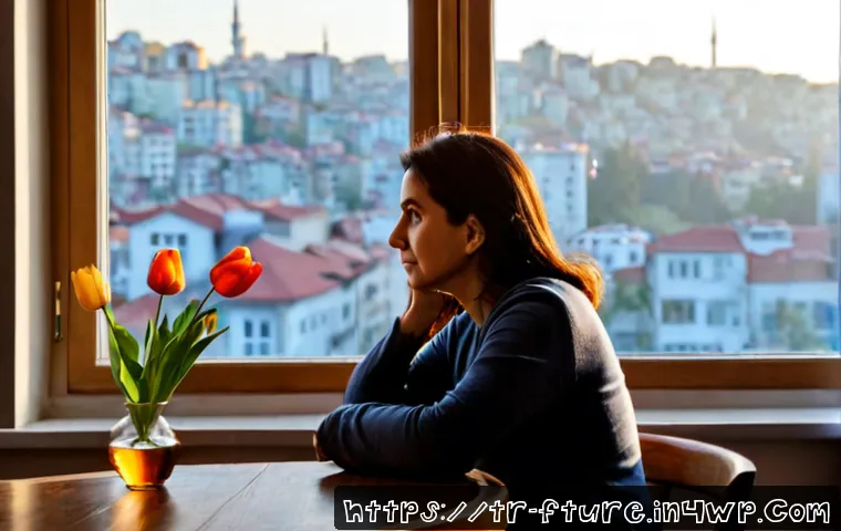 불안과 미래 예측의 심리적 상관관계 - Photorealistic middle-aged Turkish woman seated at a tidy apartment window in Istanbul at dawn, thou...